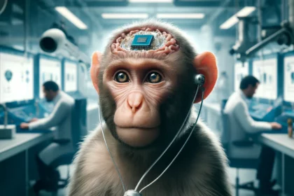 Rappresentazione del chip Neucyber impiantato ad una scimmia