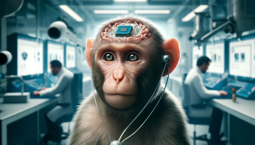 Rappresentazione del chip Neucyber impiantato ad una scimmia